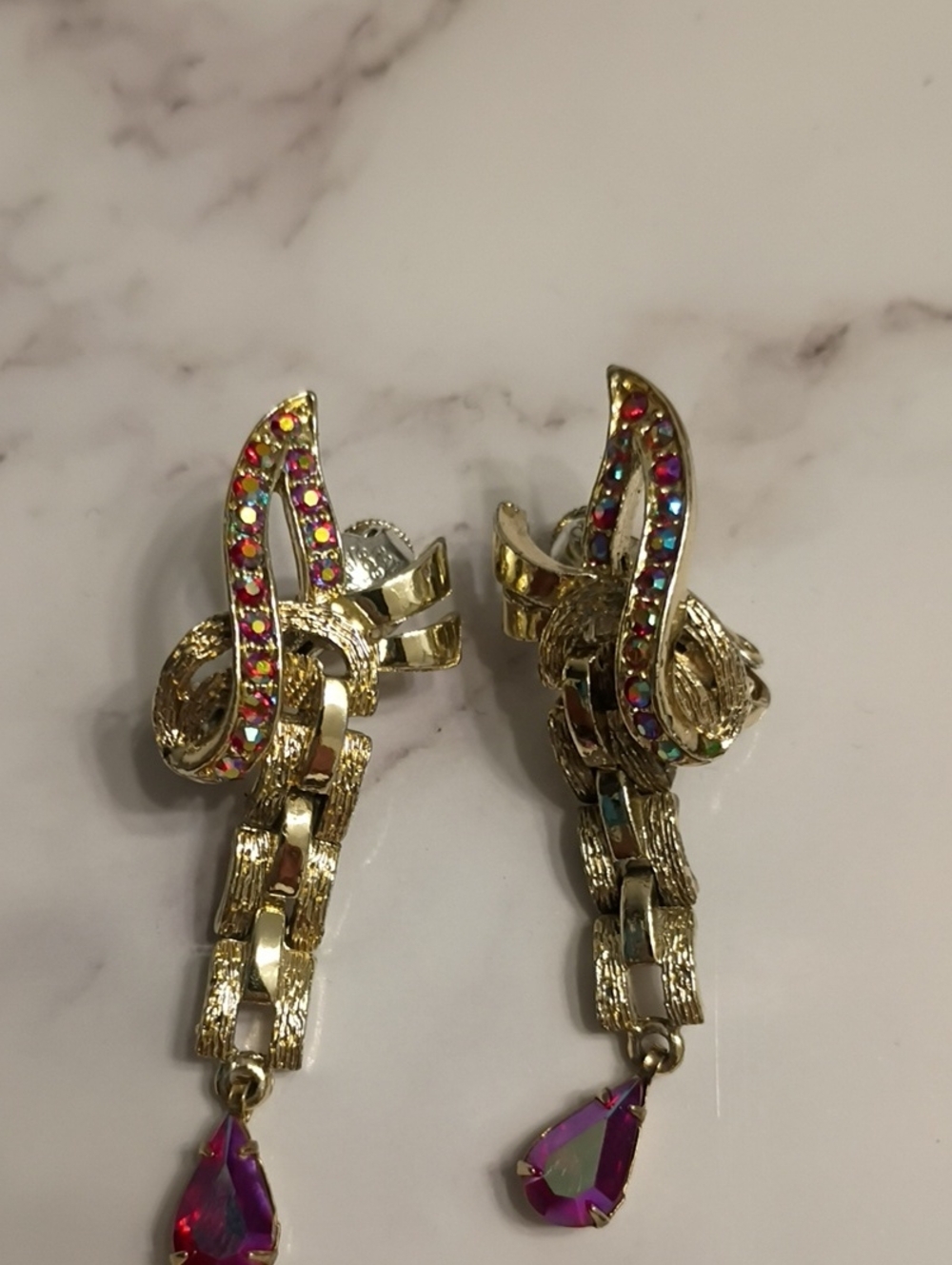 Coro Signed Gold-Tone Drop Clip Earrings Multi-Color Vintage